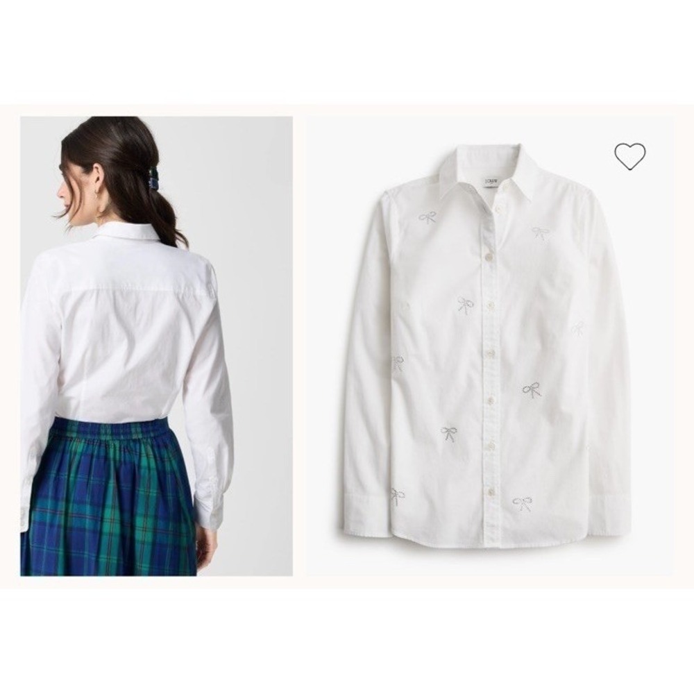 J Crew Factory NWT Jeweled Bow Button Up Shirt White Cotton 2x Festive Holiday - Picture 2 of 9